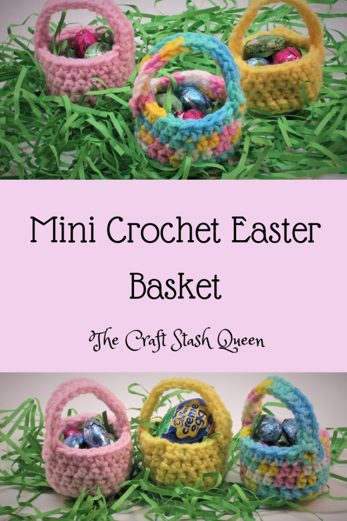 Mini crochet Easter baskets  in pastel colors containing candy.