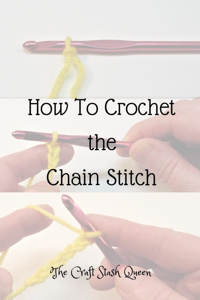Steps of how to crochet the chain stitch including slip knot and chains.