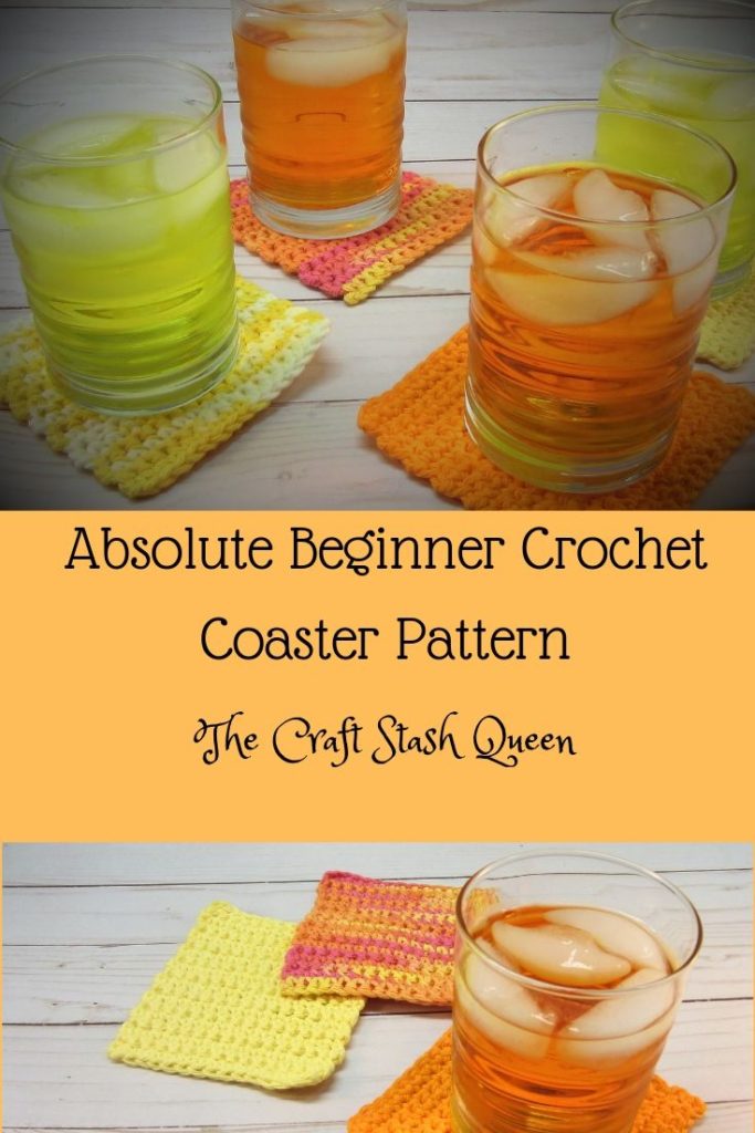 Absolute beginner crochet coasters in oranges and yellows with drinks.