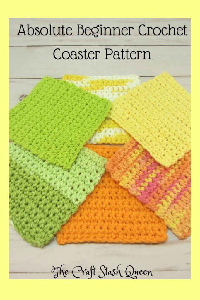 Absolute beginner crochet coasters in orange, orange ombre, yellow, yellow ombre, green, and green stripes.