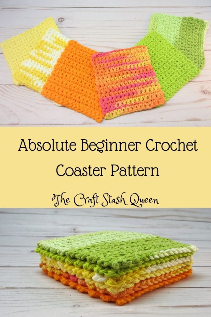 Absolute beginner crochet coasters in six colors.