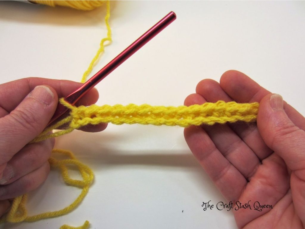 One row of 15 single crochet in yellow yarn.