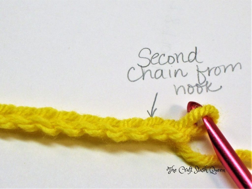 Yellow yarn crocheted in a chain.  Arrow and description indicating the second chain from the hook.  Red crochet hook.
